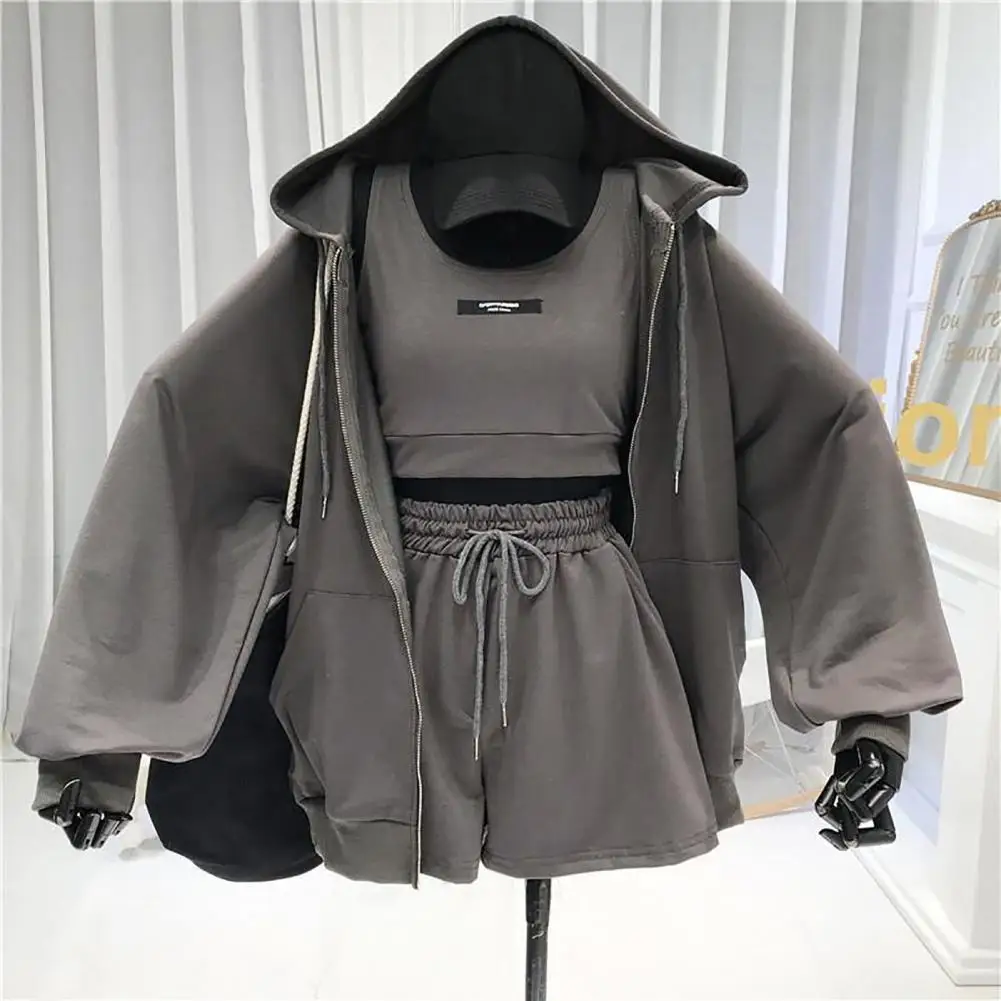 Casual Shorts Three 3 Piece Sets Women Vest Drawstring Shorts Hooded Zipper Jacket Sportswear Suits Female Solid Sports Hoodie
Casual Shorts Three 3 Piece Sets Women Vest Drawstring Shorts Hooded Zipper Jacket Sportswear Suits Female Solid Sports Hoodie