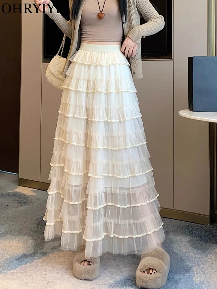 

OHRYIYIE Floor-Length Tulle A-line Skirt for Women High Waist Ruffles Long Maxi Skirt Winter New Fashion Lady Party Skirt Cloth