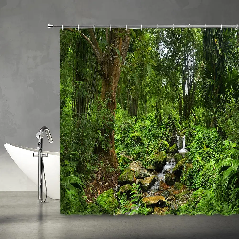 

Tropical Rainforest Shower Curtains Jungle Green Forest Trees Plants Waterfall Landscape Nature Scenery Bathroom Decor Set Hooks