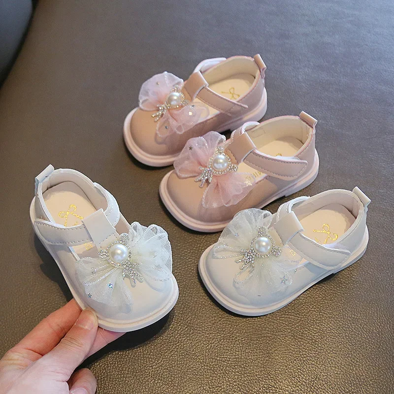 

Кожаные туфли для девочек, обувь для банкета, искусственная кожа, весна 2023, Детские Туфли Мэри Джейн с милым жемчугом, кружевом и бантом для принцессы, детская обувь для девочек