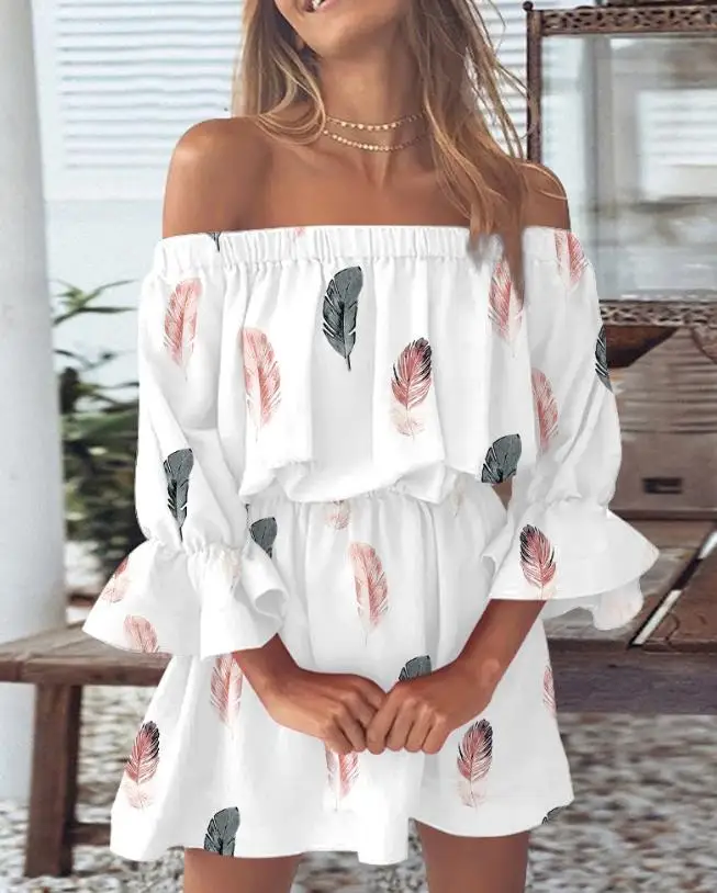 Sweet Girl's Summer Dresses 2023 European & American Women's Fashion Clothes Feather Print Off Shoulder Bell Sleeve Casual Dress 
Sweet Girl's Summer Dresses 2023 European & American Women's Fashion Clothes Feather Print Off Shoulder Bell Sleeve Casual Dress