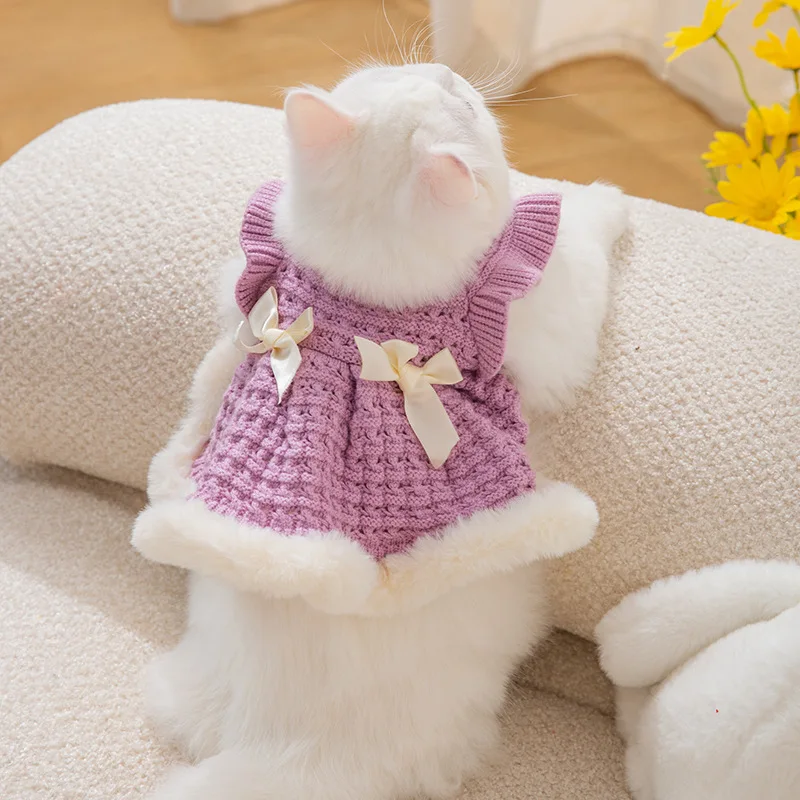 

2023 Small Fragrant Wind Bow Hair Brim Hollowed Sweater Autumn Puppy Dog Dress Cat Warm Pet Clothing Dog Dress