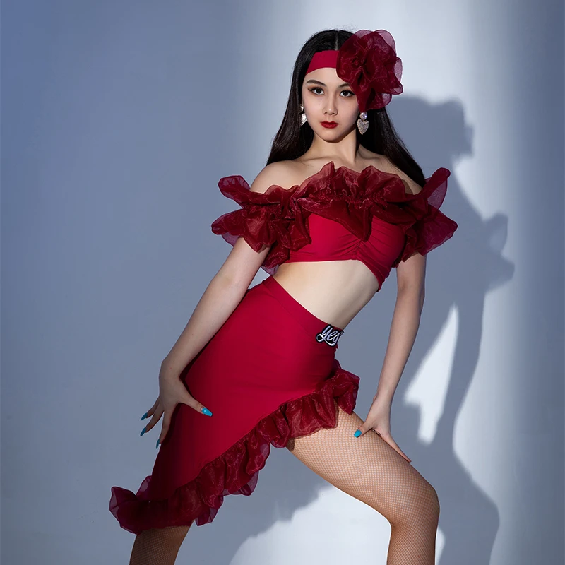 

Женский элегантный костюм для латиноамериканских танцев, комплект из топа с оборками и юбки, костюм для выступлений для взрослых, Клубное платье для выпускного вечера, сексуальная танцевальная одежда