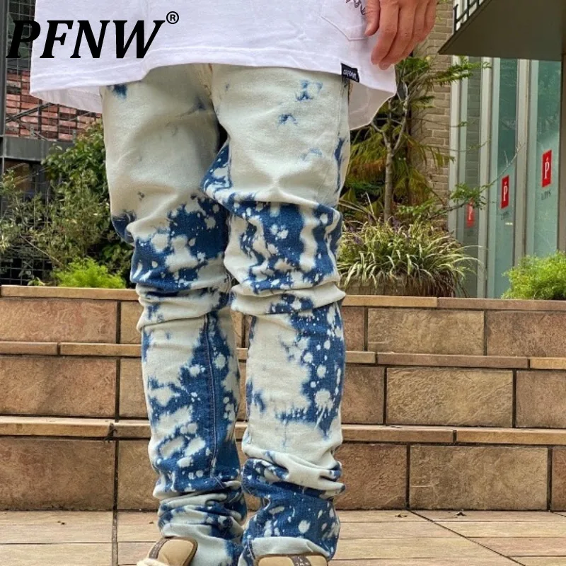 

PFNW 2023 Men's Casual Punk Style Asymmetrical Tie Dye Pattern Vintage Gradual Change Straight Jeans Tide Denim Pants 12A6509