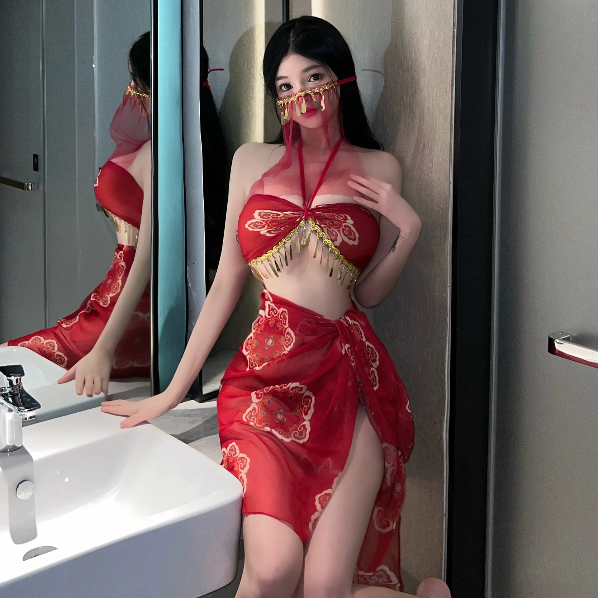

Female Porn Hanfu Red Women Sexy Chinese Traditional See Through Dress Belly Dancer Cosplay Costumes Bandage Skirt Set Lingeries