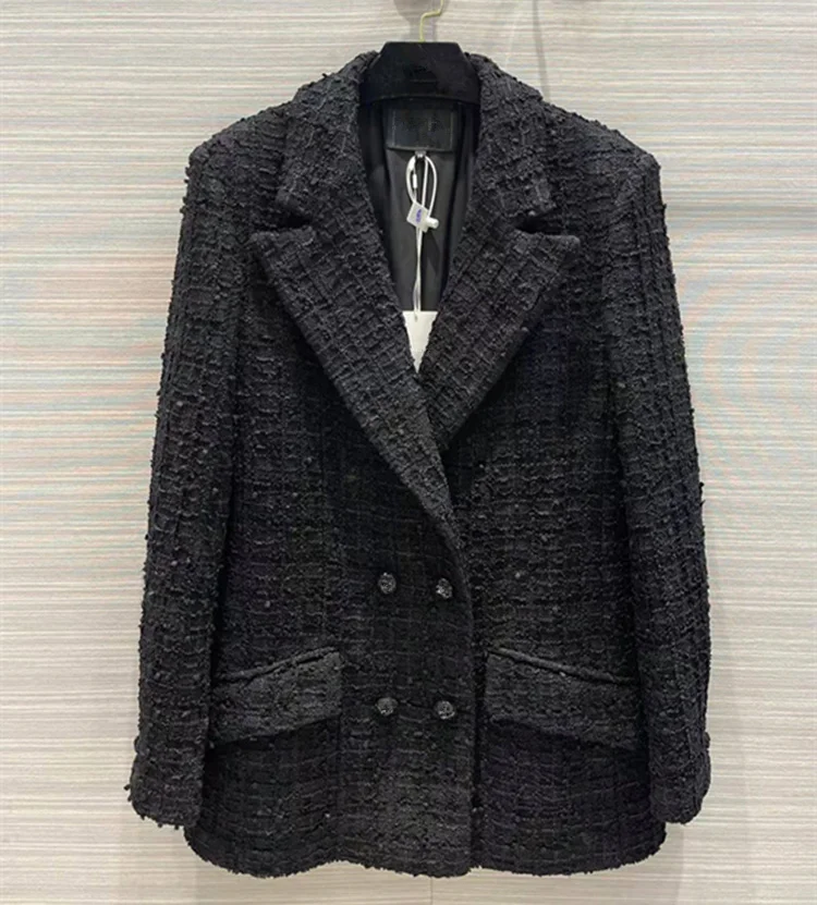 European and American women's wear spring 2022 new Long sleeve suit collar double breasted fashion Black tweed coat
European and American women's wear spring 2022 new Long sleeve suit collar double breasted fashion Black tweed coat