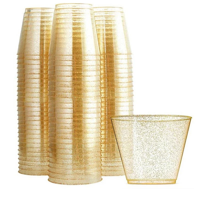 

Золотые пластиковые стаканы, прозрачные пластиковые стаканы для вина, модные одноразовые Зеркальные пластиковые стаканы с золотыми блестками для зеркальных стаканов, 100 шт.