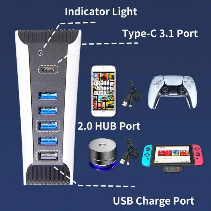 

High Speed Usb3.0 Console Professional Digital Edition 1 To 5 Multi Ports Usb Hub For Ps5 Playstation5 Import Splitter Expander