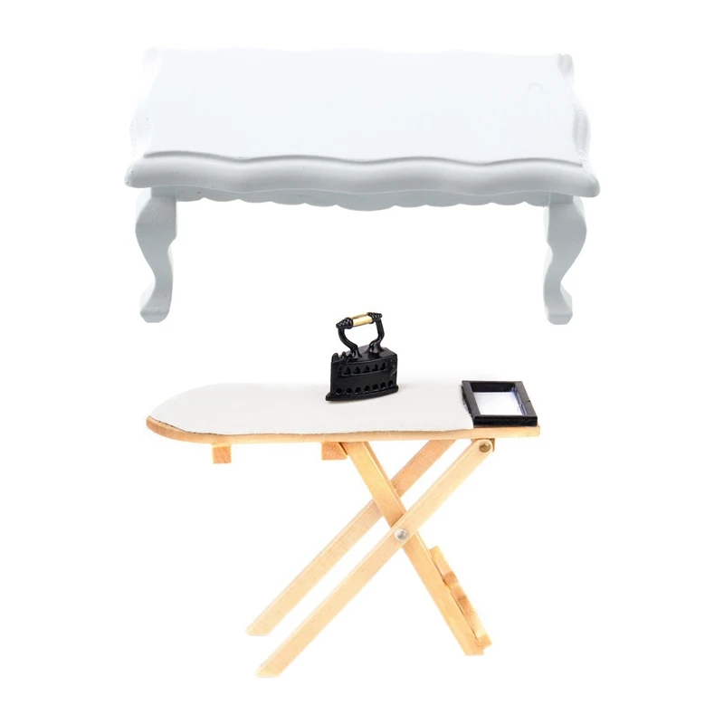 

1/12 миниатюрная мебель для кукольного домика Деревянный кофейный столик с волнообразными краями-белый и миниатюрный Утюг с комплектом гладильной доски