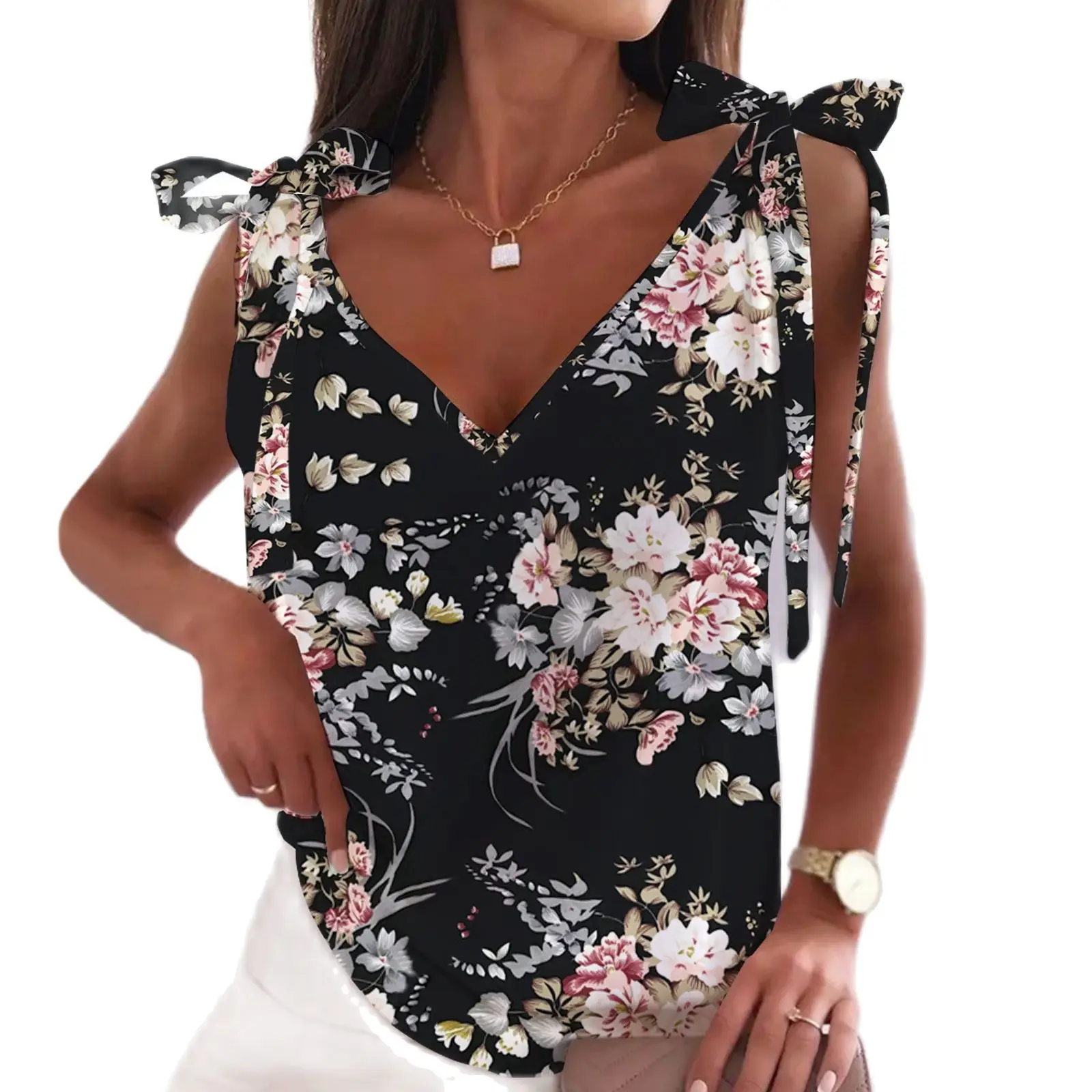 2022 New Women Printed Flowers Summer Tank Sexy V-neck Women Clothes Loose Style Lace Up Tops 3 Colors Drop Shipping
2022 New Women Printed Flowers Summer Tank Sexy V-neck Women Clothes Loose Style Lace Up Tops 3 Colors Drop Shipping