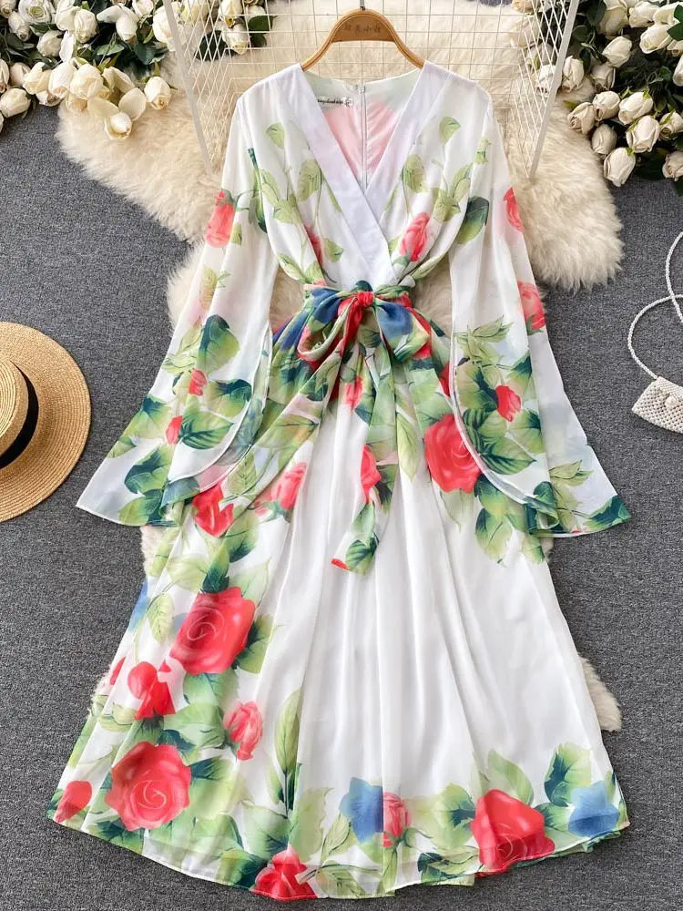 

Merchall Summer Runway Bohemain Flowy Chiffon Dress Women's V-Neck Bat Sleeve Floral Print Sashes Holiday Beach Vestidos