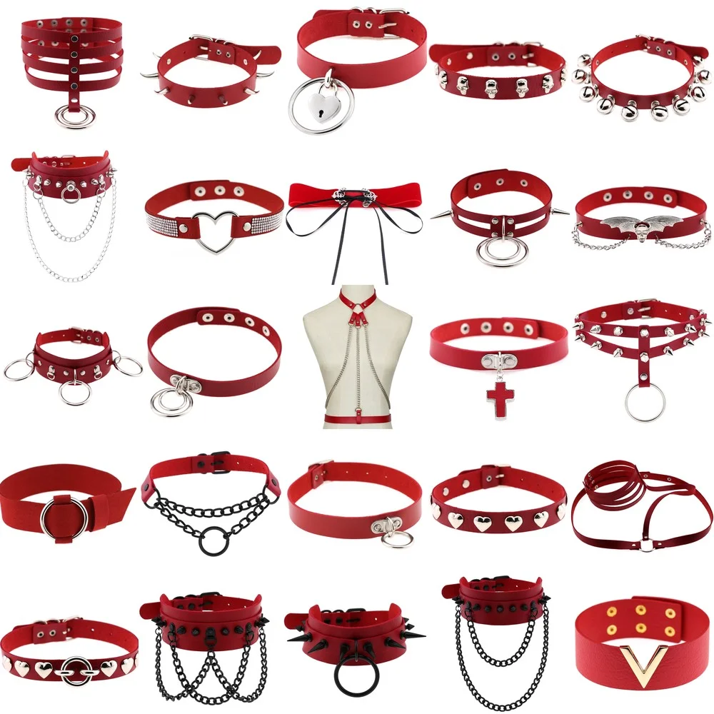 Punk Gothic Red Pu Leather Choker Slavery Chains Necklaces for Women 2021 Fashion Silver Color Spike Rivet Collar Gothic Jewelry
Punk Gothic Red Pu Leather Choker Slavery Chains Necklaces for Women 2021 Fashion Silver Color Spike Rivet Collar Gothic Jewelry