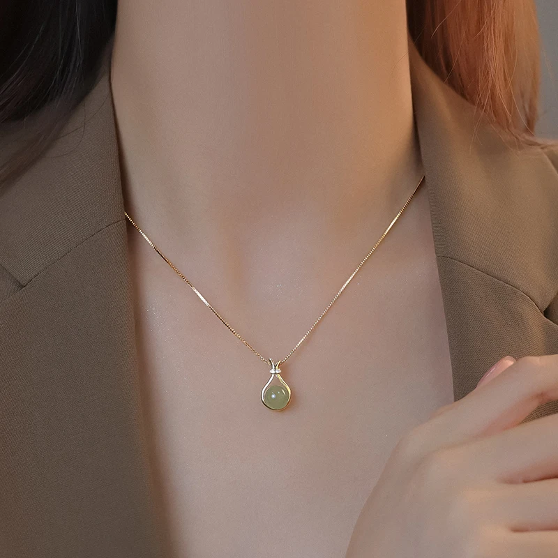 

925 Sterling Silver Fu Bag Hetian Jade Necklace For Women Light Luxury Niche Pendant Female Clavicle Chain New Choker Jewelry