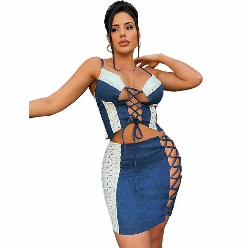 Two Piece Set 2022 Summer Stitching Denim Sleeveless Camisole Hollow Sexy Skirt Suit Denim Short Skirt Famous Suit Club Blue
Two Piece Set 2022 Summer Stitching Denim Sleeveless Camisole Hollow Sexy Skirt Suit Denim Short Skirt Famous Suit Club Blue