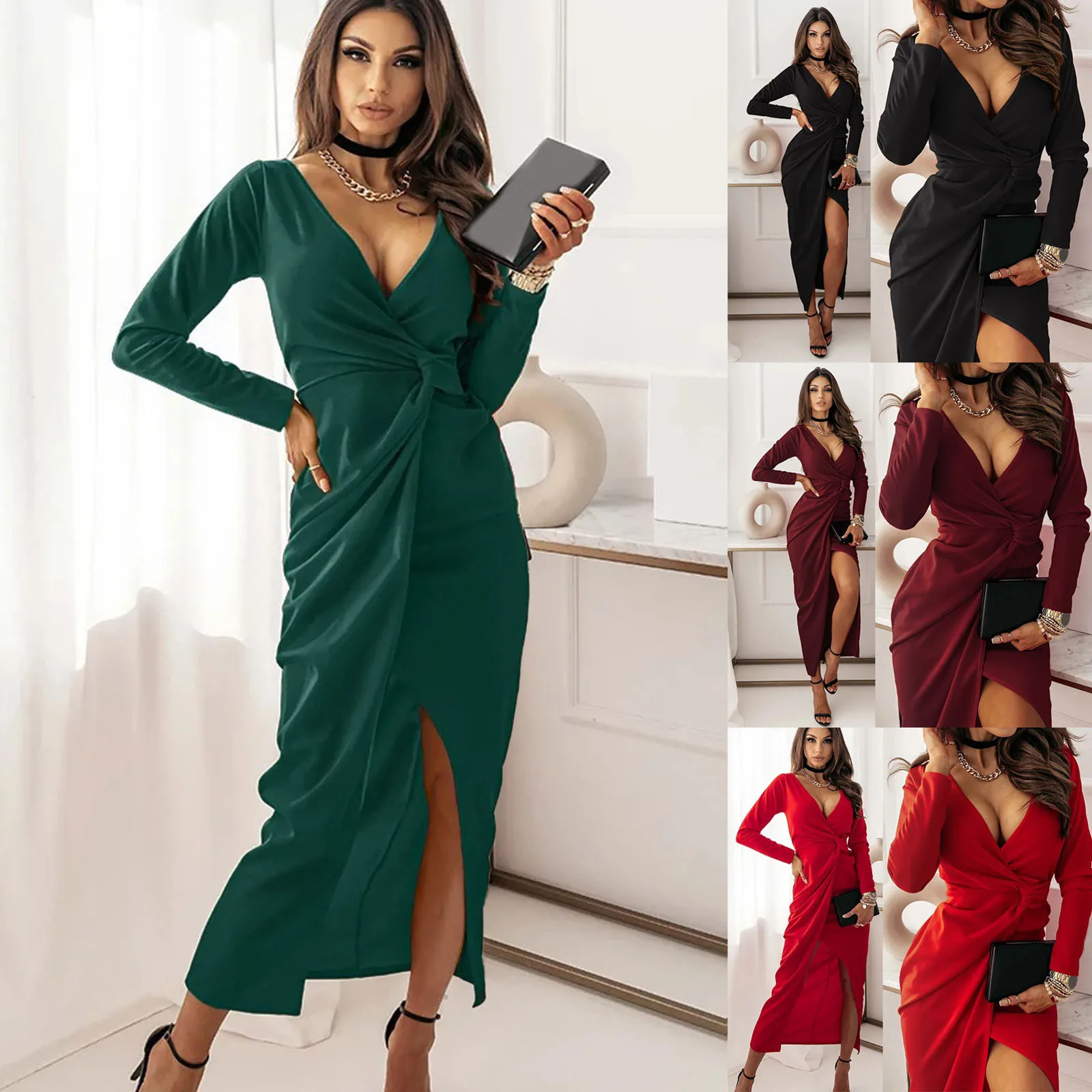 Women Dresses V Neck Sexy Long Sleeves Party High Slit Long Dress Casual Lady Dresses
Women Dresses V Neck Sexy Long Sleeves Party High Slit Long Dress Casual Lady Dresses