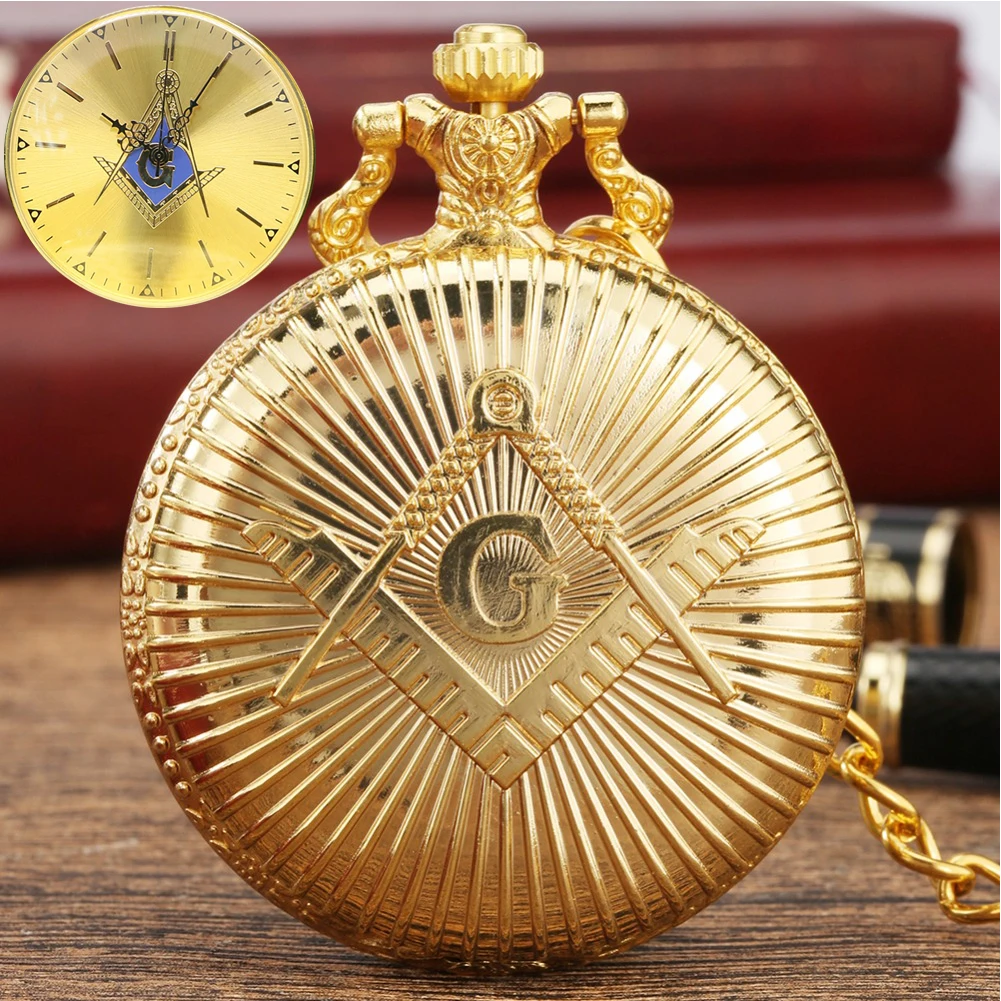 

Gold Pendant Pocket Watch Bronze Men Masonic Logo Quartz Pocket Clock Roman Numeral Dial Practical Souvenirs to Lady Freemasonry