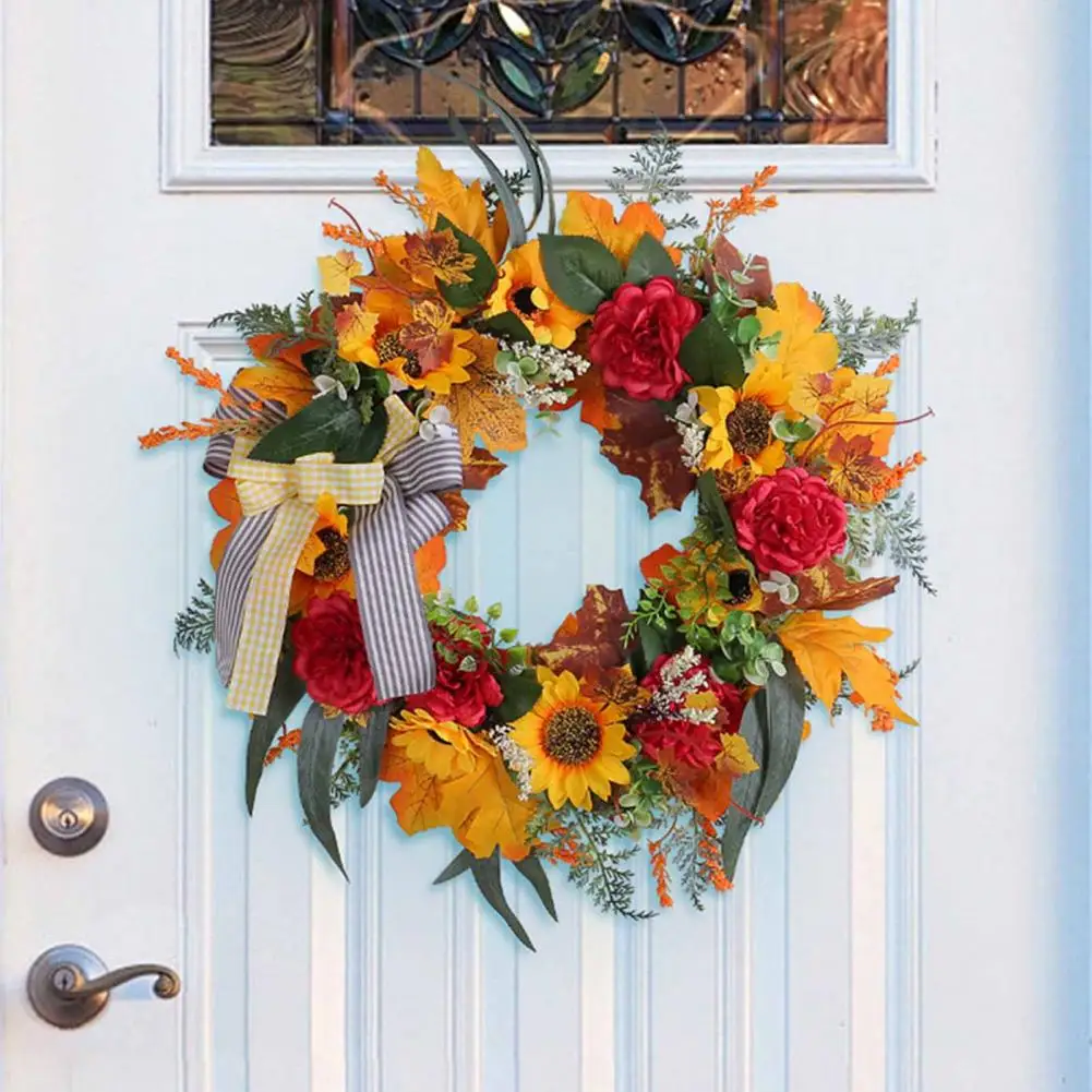 

Thanksgiving Wreath Harvest Festival Maple Leaves Sunflower Wreath Artificial Autumn Decoration for Front Door Wedding Party