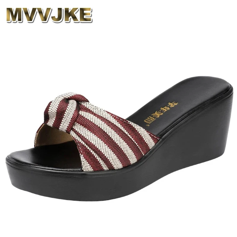 

Quality Size 34-43 Platform Slippers Women Summer Shoes Fashion Stipe Open Head Medium Heel Wedges Slides Ladies Beach Slipper