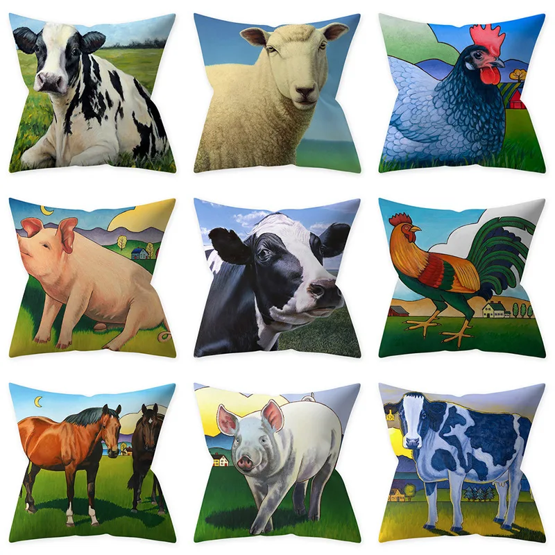 

Bucolic Home Decor Cushion Cover Funny Farm Animals Printed Polyester Pillow Cover 45x45cm Cow Sheep Horse Pattern Pillowcase