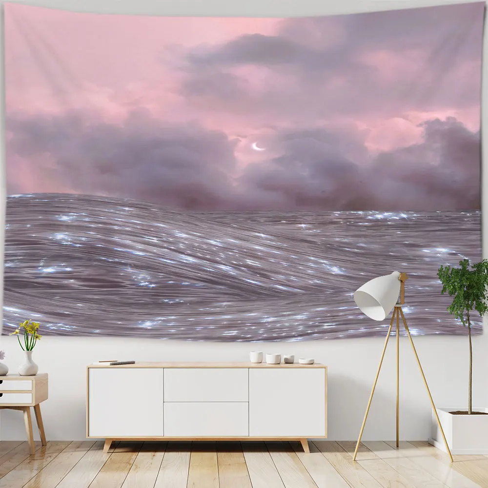 

Moon and Sea Sunset Land Beach Starry Sky Tapestry Home Living Room Bedroom Aesthetic Decoration Tapestry