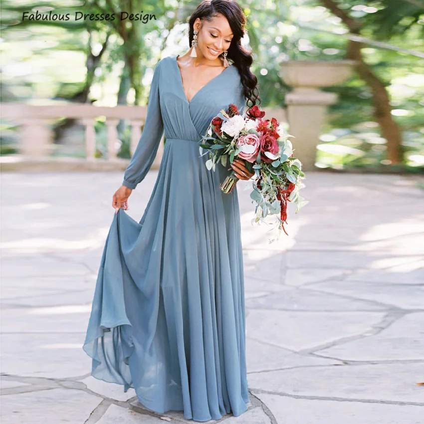 Chiffon Long A Line Bridesmaid Dresses Long Sleeve V-neck Backless Wedding Party Dress Cheap Custom Made Prom Gowns
Chiffon Long A Line Bridesmaid Dresses Long Sleeve V-neck Backless Wedding Party Dress Cheap Custom Made Prom Gowns