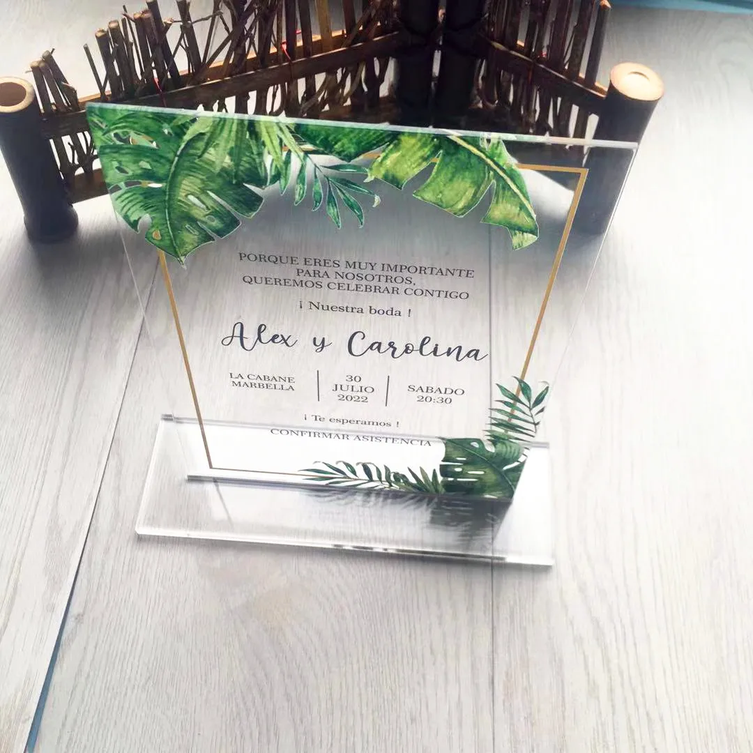 New Summer Theme Party Palm Tree Acrylic Wedding Invitation Card Table Decoration Menu Cards with Stand
New Summer Theme Party Palm Tree Acrylic Wedding Invitation Card Table Decoration Menu Cards with Stand
