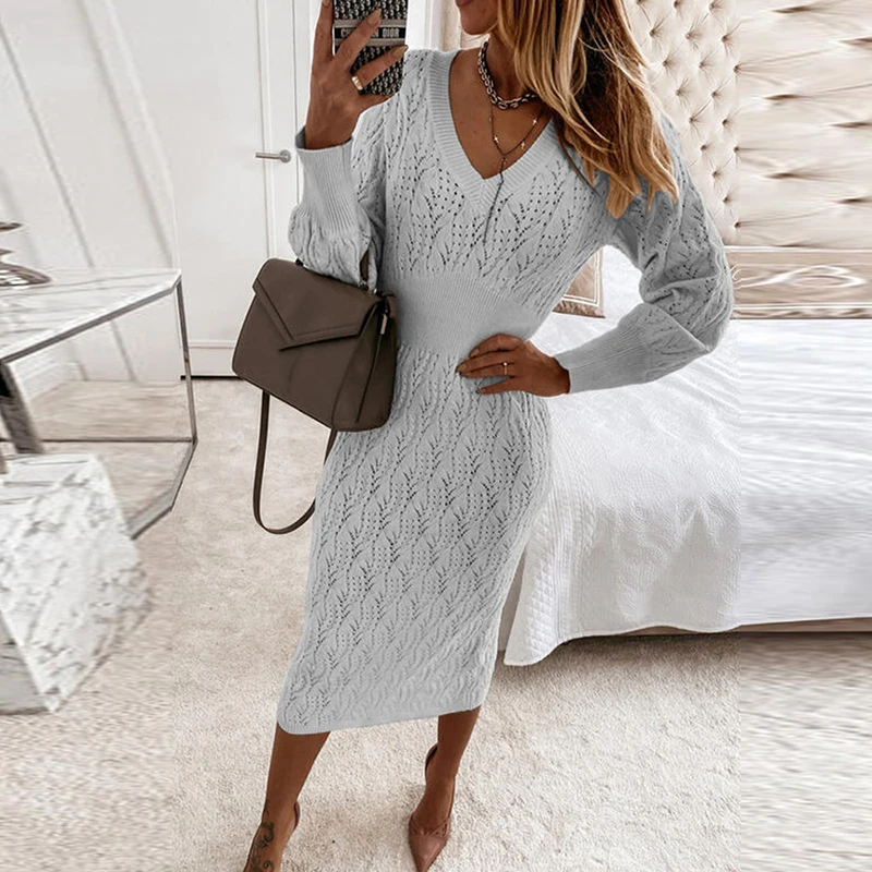 Flower Winter Elegant V-Neck Solid Warm Sweater Dress Autumm Women Hook Hollow Dresses Casual Long Sleeve Warm Dress Vestidos 
Flower Winter Elegant V-Neck Solid Warm Sweater Dress Autumm Women Hook Hollow Dresses Casual Long Sleeve Warm Dress Vestidos