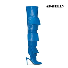 Fashion Women‘s Over The Knee Boots Pointed Toe High Heels Shoes Winter Thigh Heigh Long Boots Slingback Blue Pull On