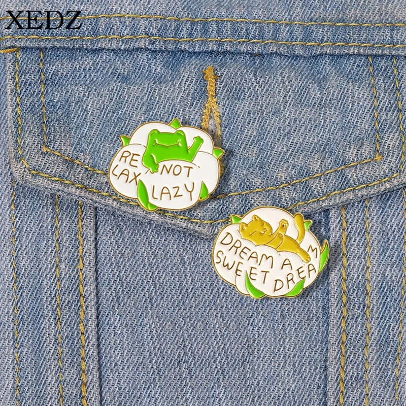 Re not Lax Lazy Enamel Pin Cartoon Animal Frog Cat Dream a Sweet Dream Brooch Denim Bag Lapel Badge Jewelry Gift for Friends Kid
Re not Lax Lazy Enamel Pin Cartoon Animal Frog Cat Dream a Sweet Dream Brooch Denim Bag Lapel Badge Jewelry Gift for Friends Kid