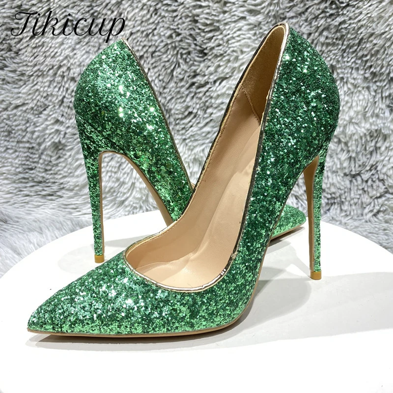 

Tikicup Green Shiny Sequined Women Pointy Toe High Heel Shoes for Wedding Party Bling Slip On Stiletto Pumps 8cm 10cm 12cm