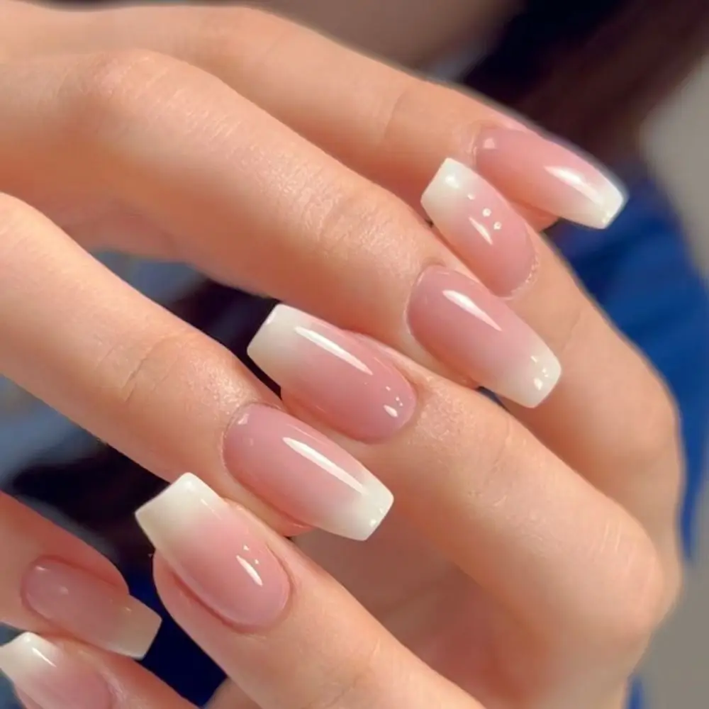 

Long Ballerina False Nails French Crystal Full Cover Press on Nails Aurora Gradient Pink White Detachable Nail Tips Women Girls