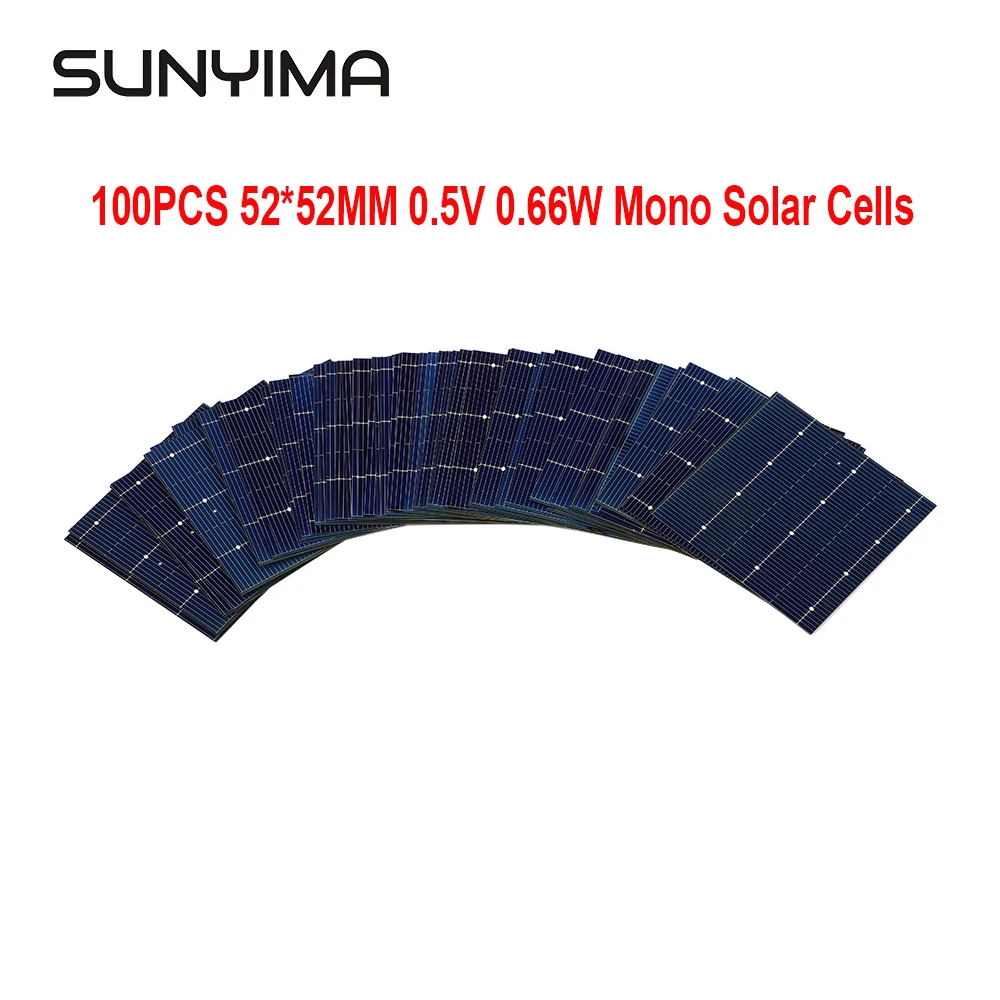 SUNYIMA 100PCS 0.5V 0.66W Mono 52*52mm 3BB Cell Solar Panel Solar System DIY For Battery Phone Chargers Portable
SUNYIMA 100PCS 0.5V 0.66W Mono 52*52mm 3BB Cell Solar Panel Solar System DIY For Battery Phone Chargers Portable