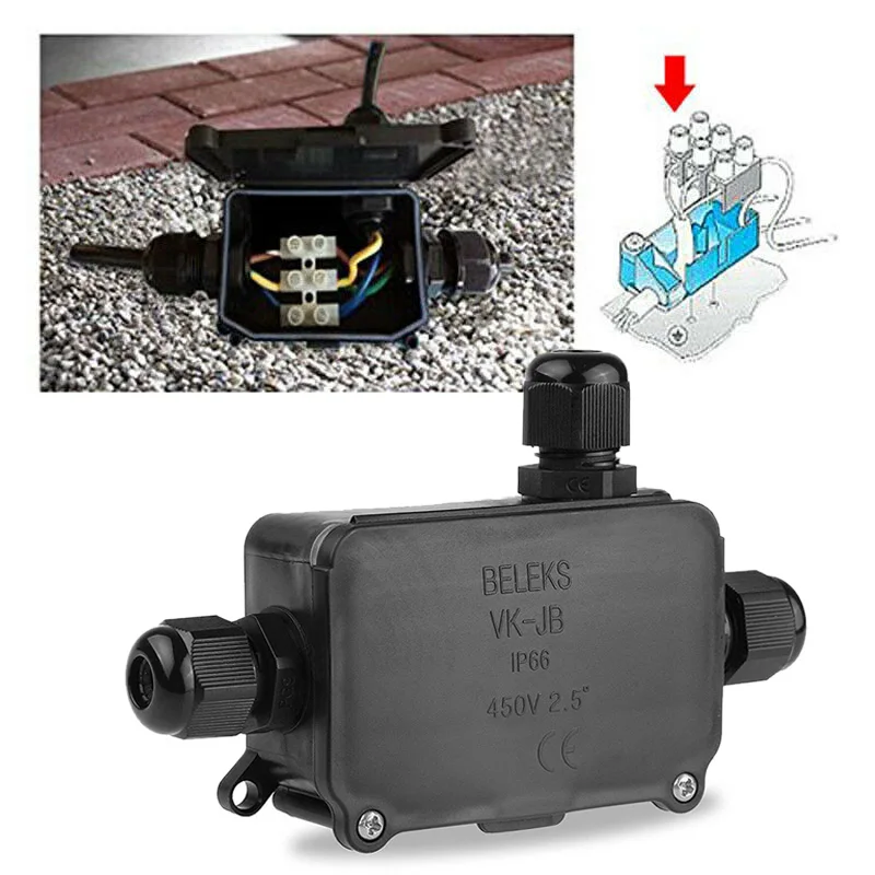 IP66 Tee Waterproof Junction Box 3 Holes Cable Waterproof Box Black Glue Line Box
IP66 Tee Waterproof Junction Box 3 Holes Cable Waterproof Box Black Glue Line Box