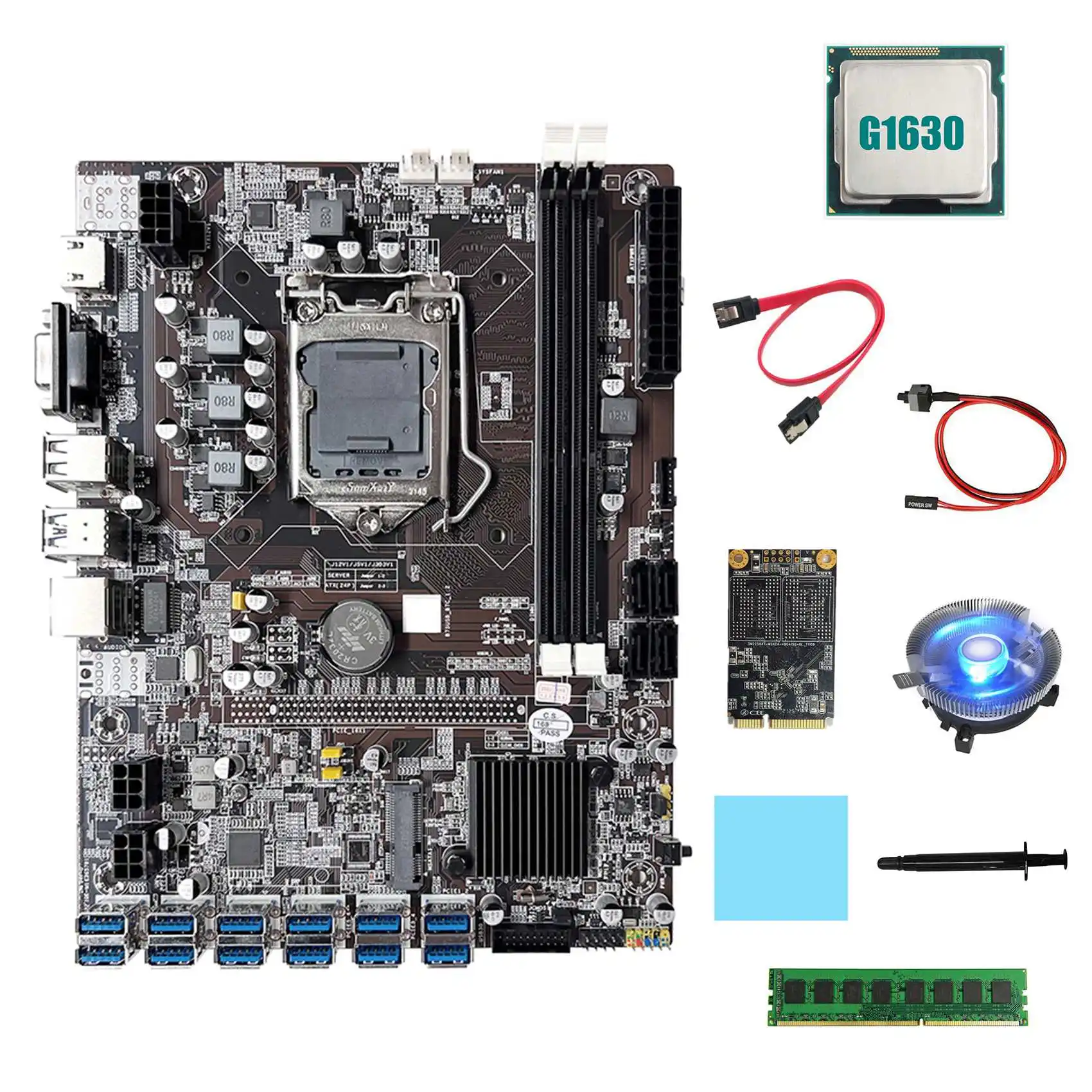 B75 ETH Mining Motherboard 12XUSB+G1630 CPU+DDR3 4GB RAM+128G SSD+Fan+SATA Cable+Switch Cable LGA1155 Motherboard
B75 ETH Mining Motherboard 12XUSB+G1630 CPU+DDR3 4GB RAM+128G SSD+Fan+SATA Cable+Switch Cable LGA1155 Motherboard
