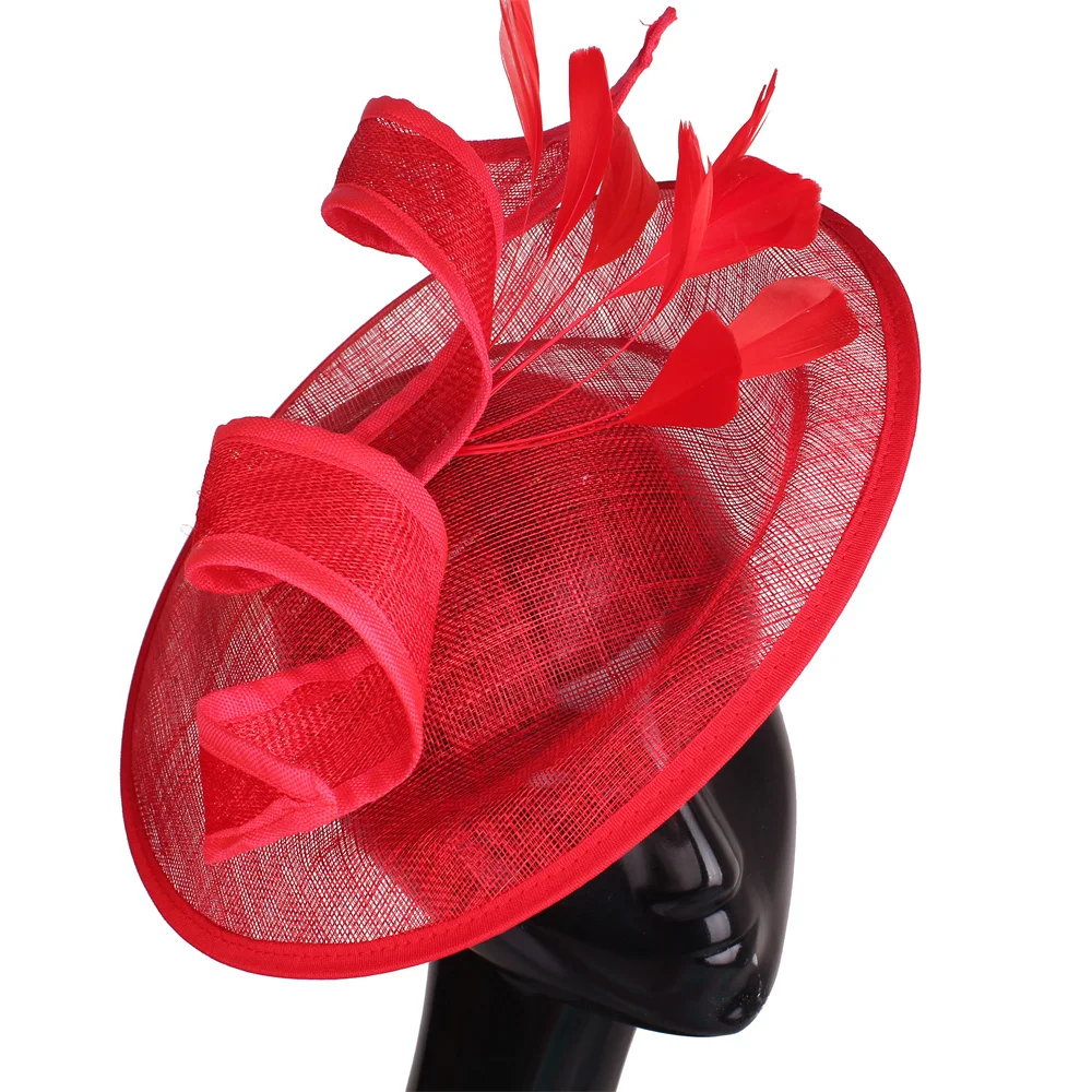 

Formal Red Millinery Kentucky Derby Fascinator Hat For Women Beige Flower Sinamay Ladies Feather Wedding Party Cocktail Headwear