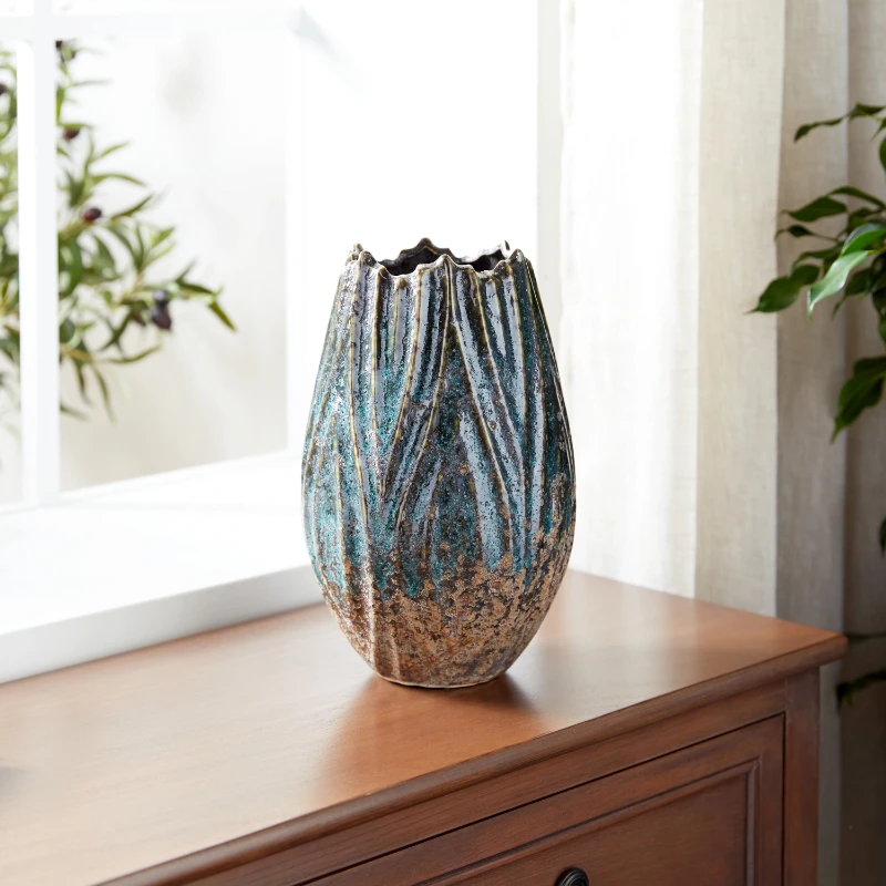 Round Textural Gold and Turqoise Patina Ceramic Vase, 8"W x 12"H, Stoneware Construction for Rustic and Coastal Space Design
Round Textural Gold and Turqoise Patina Ceramic Vase, 8"W x 12"H, Stoneware Construction for Rustic and Coastal Space Design