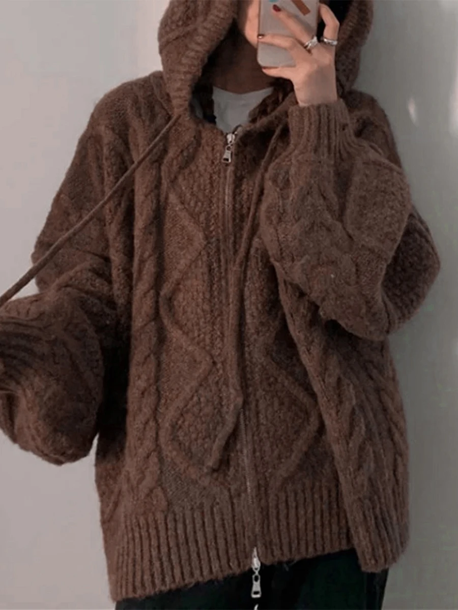 Women’s Long Sleeve Knitted Cardigan Coat Autumn Winter Fashion Solid Color Twisted Zipper Oversize Hooded Sweater Outerwear 
Women’s Long Sleeve Knitted Cardigan Coat Autumn Winter Fashion Solid Color Twisted Zipper Oversize Hooded Sweater Outerwear