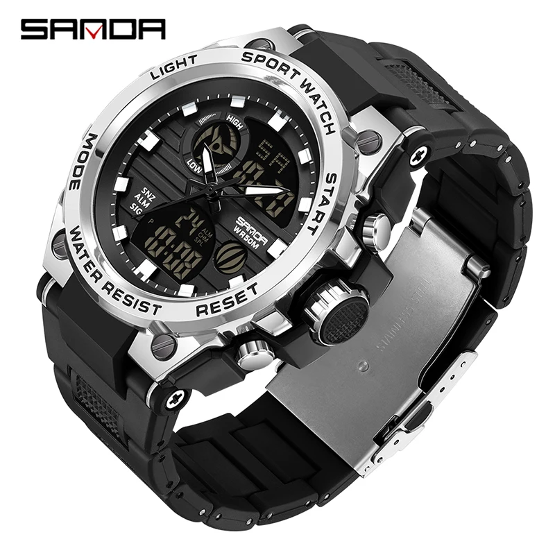 

SANDA Trendy Men Multifunctional Dual Display Watch HD LED Digital 50M Waterproof Military Watches Alarm Clock Timing wristwatch