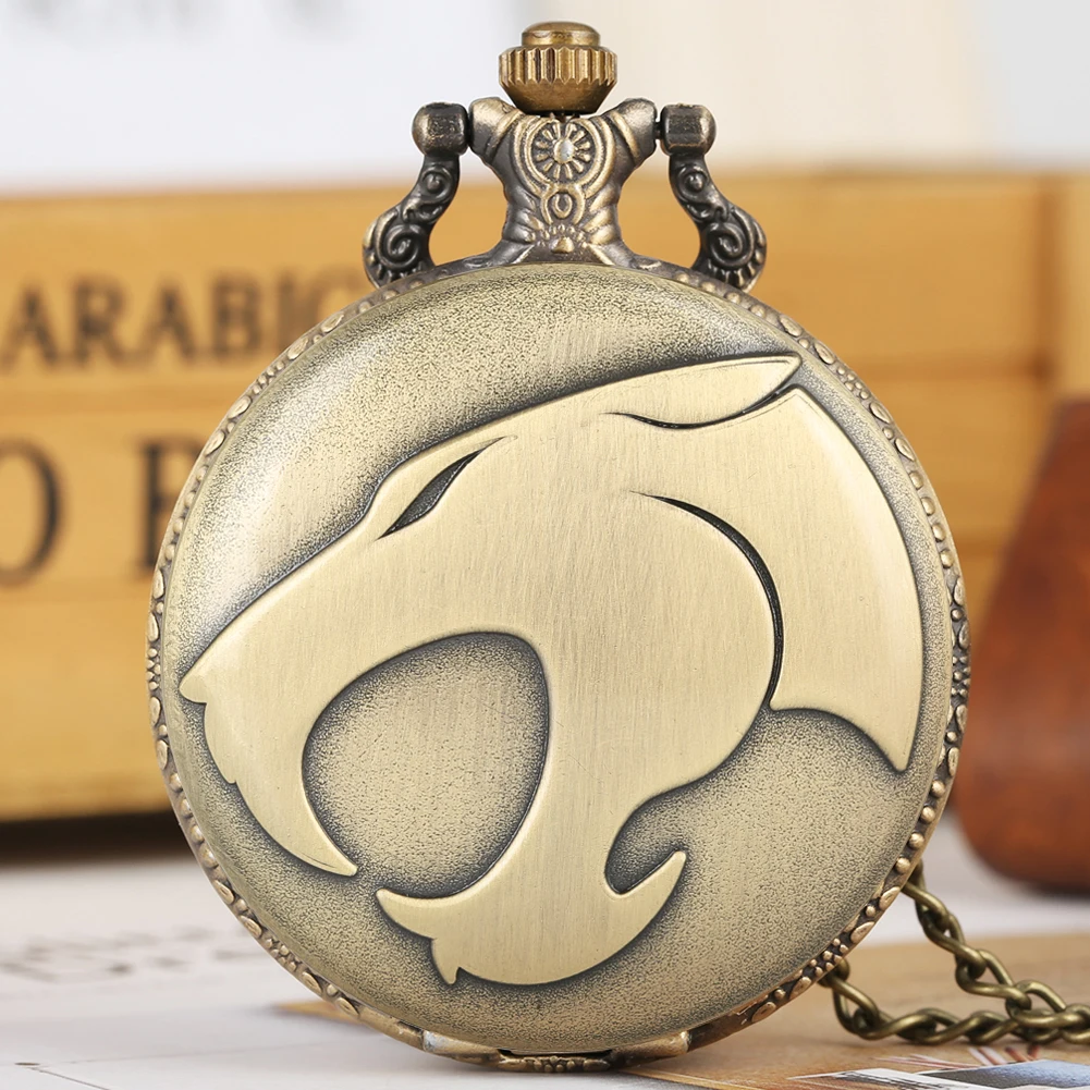 

Bronze Panther Men's Quartz Pocket Watch Women Necklace Pendant Timepiece Arabic Numeral Analog Round Dial Full Hunter Clock