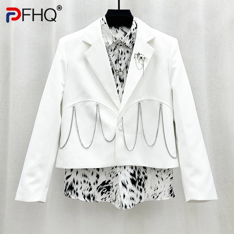 

PFHQ металлическое украшение цепи костюм мужской персонализированный модный тренд свободный короткий костюм куртки светильник Роскошные блейзеры осень 21Z2455