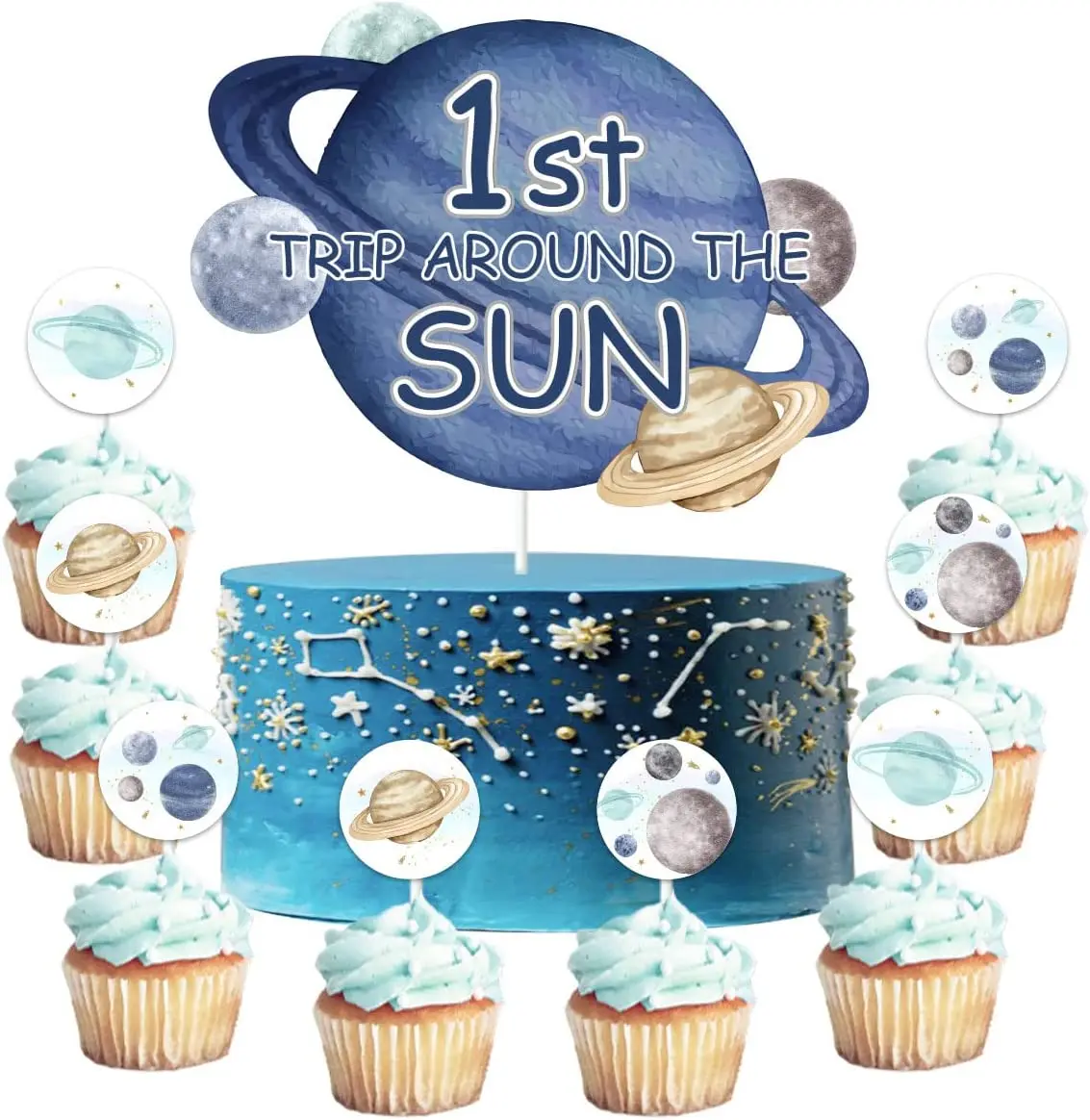 

25PCS First Trip Around The Sun Cake Topper and Outer Space Cupcake Toppers for Boys’ Galaxy Solar System 1st Birthday Supplies