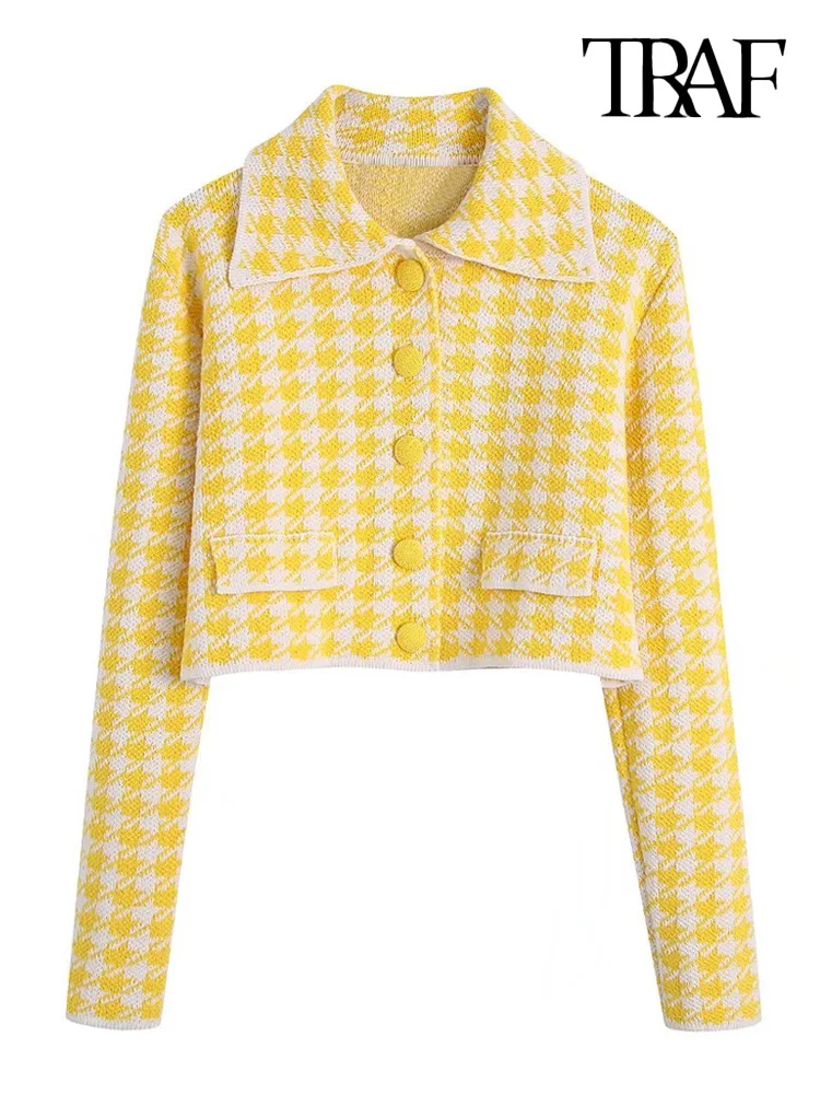 TRAF Women Fashion Houndstooth Cropped Knit Cardigan Sweater Vintage Long Sleeve Button-up Female Outerwear Chic Tops
TRAF Women Fashion Houndstooth Cropped Knit Cardigan Sweater Vintage Long Sleeve Button-up Female Outerwear Chic Tops