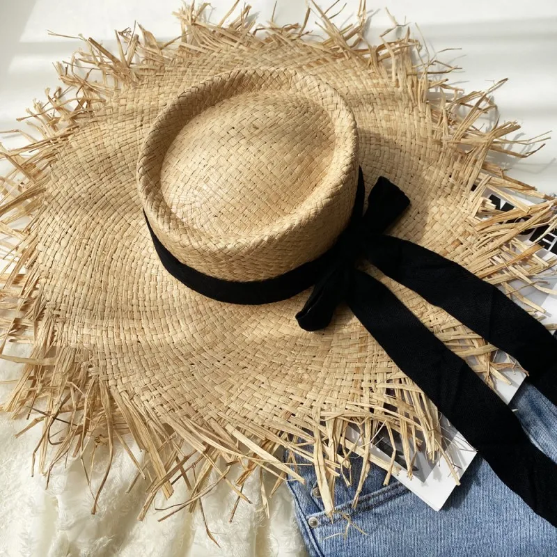 

Summer Vacation Style Lafite Grass Hat Women's Handmade Fur brim Sun Shade And Sunscreen Style Large Beach Hat