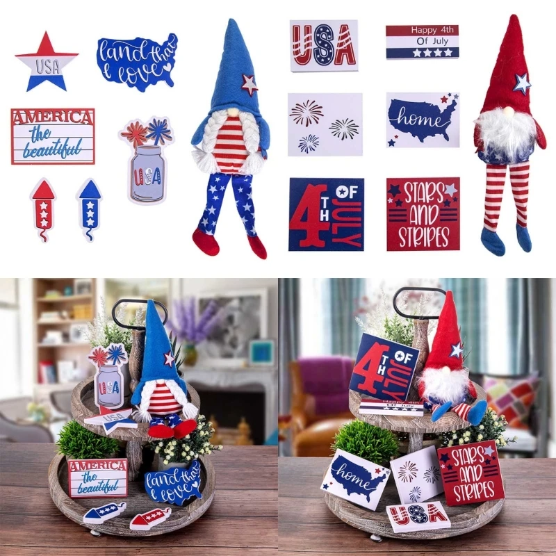 

4th of July Tiered Tray Decor Patriotic Signs Independence Day Decoration Farmhouse Gnomes Ornaments for Home Shelf