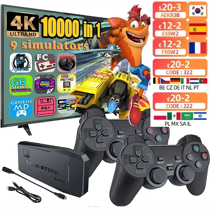 

NEW2023 gra wideo konsola 2.4G podwójny kontroler bezprzewodowy 64G gry Retro Stick 4K 10000 Gamepad Joystick dla PS1/GBA TV