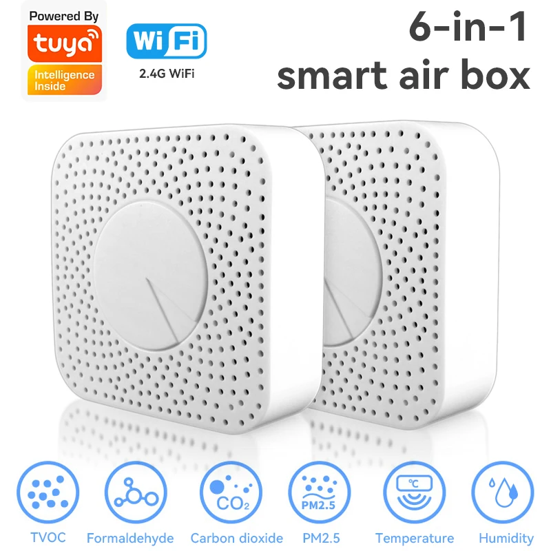 Tuya Smart Home WiFi Smart Air Box Gas Leak Sensor Security Protection Alarm CO2 VOC HCHO PM2.5 Air Quality Monitor for Alexa
Tuya Smart Home WiFi Smart Air Box Gas Leak Sensor Security Protection Alarm CO2 VOC HCHO PM2.5 Air Quality Monitor for Alexa