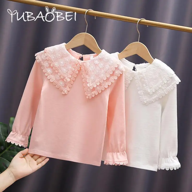 

Girls Bottoming Shirts Spring Autumn Teen Children's Clothing Baby Girls White Long-sleeved Cotton Blouses Lace-neck Pullover