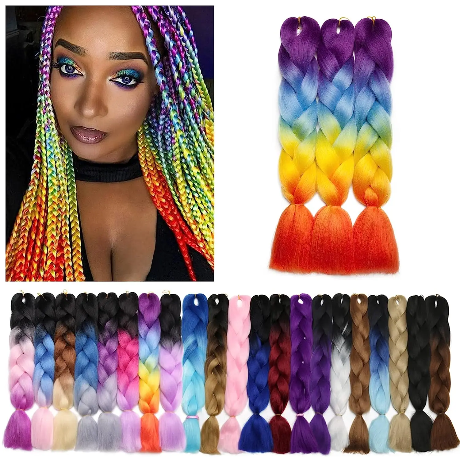 

Synthetic Braiding Hair Extensions Ombre Jumbo Kanekalone Braid Hair For Women Wholesale DIY Hairstyle Pink Purple Yellow