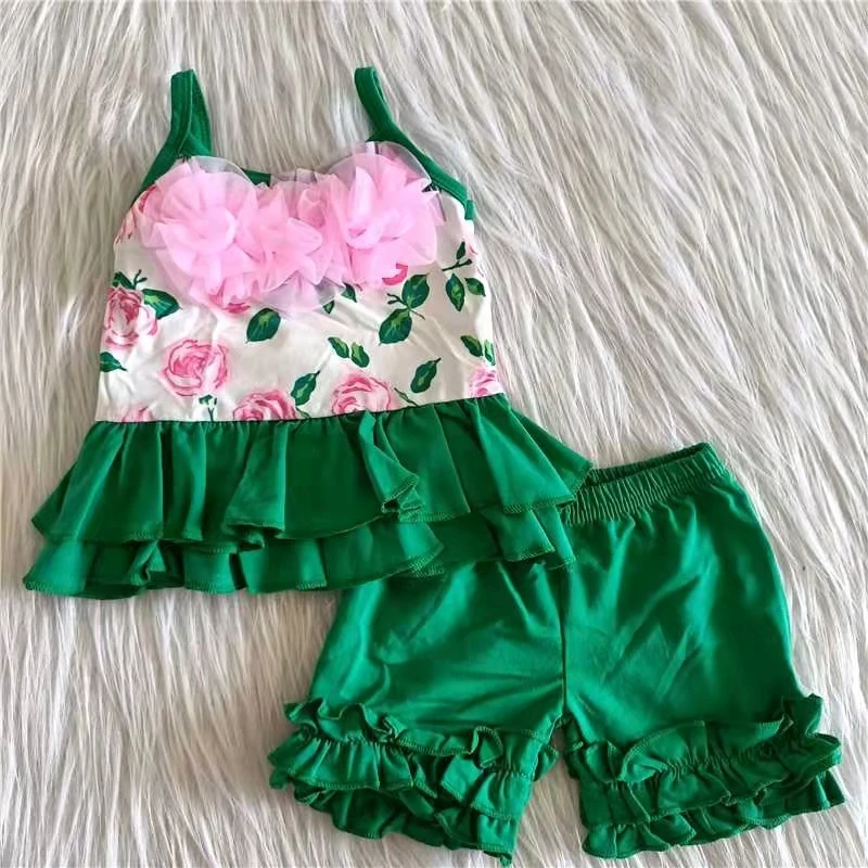 hot sale summer girl clothing set sleeveless ruffle flower tank top and green solid shorts baby girl two piece outfit
hot sale summer girl clothing set sleeveless ruffle flower tank top and green solid shorts baby girl two piece outfit