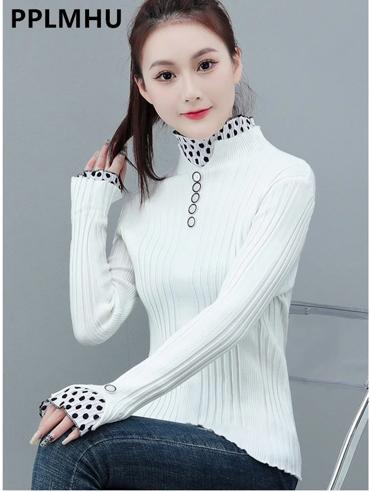 Sweater Women's Turtleneck Dot Print Lace Ruffle Pullover Women's Trumpet Sleeve Top Solid Knitwear Trend Sweater Autumn Winter 
Sweater Women's Turtleneck Dot Print Lace Ruffle Pullover Women's Trumpet Sleeve Top Solid Knitwear Trend Sweater Autumn Winter